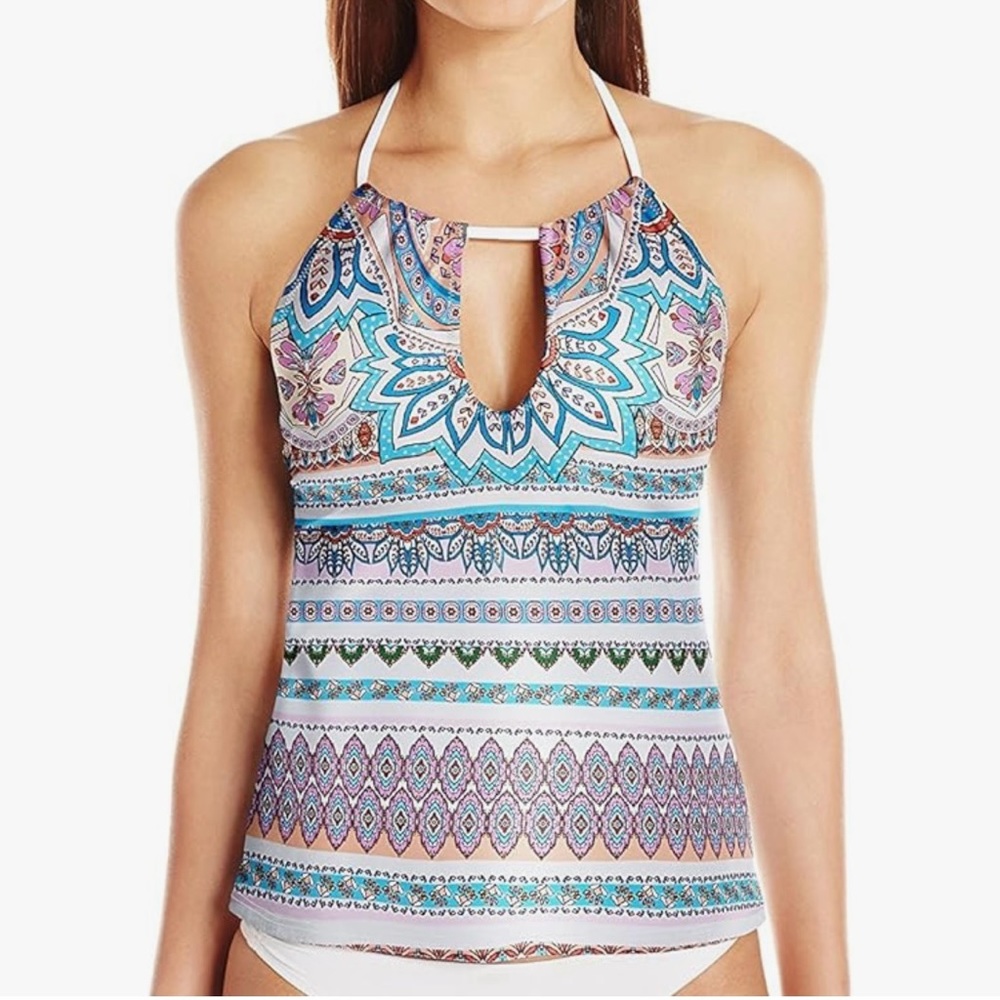 Jessica Simpson Versailles High Neck Key Hole Tankini ties in back Medium NWOT
